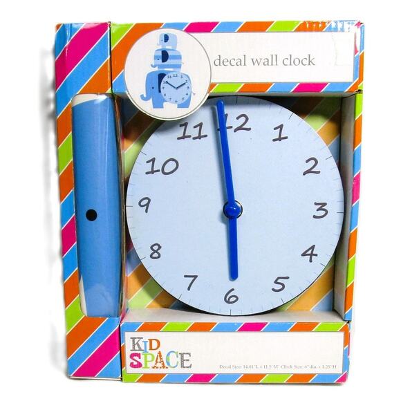 Kid Space Vinyl Decal Wall Clock Elephant Blue Wood Analog Child's Bedroom - Picture 1 of 2